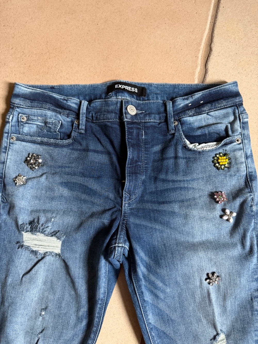 Express Women's Blue Distressed Skinny Jeans with Jeweled Accents